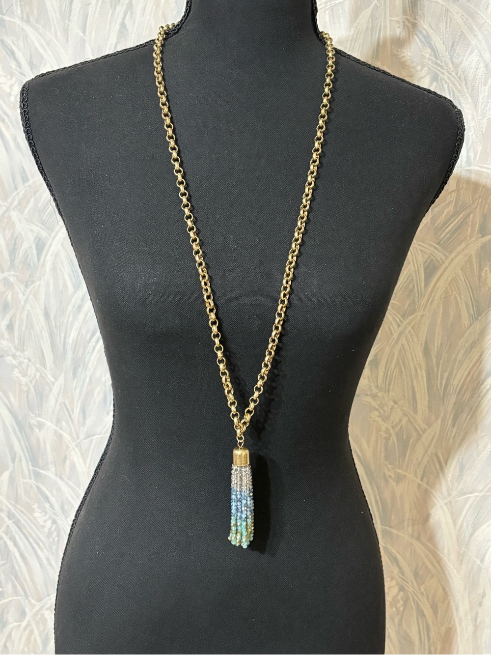 Marilyn Schiff Gold Chain Tassel Necklace with Multi Colored Beaded Fringe 34”